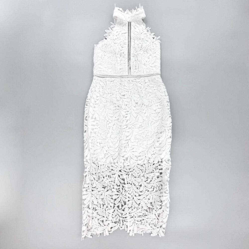 LULUS Divine Destiny White Lace Halted Midi Dress Small Wedding Cocktail Sheer